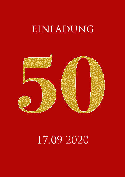 Einladungskarte zum 50. Jubiläum mit großer animierenden Zahl 50 aus goldenen Mosaiksteinen. Rot.
