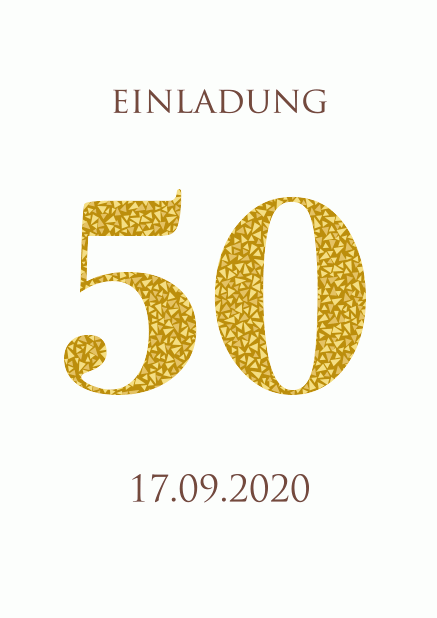 Einladungskarte zum 50. Jubiläum mit großer animierenden Zahl 50 aus goldenen Mosaiksteinen. Weiss.