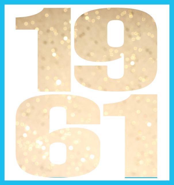 Online Invitation card in large format with cut out 1961 for an own photo or image. Blue.