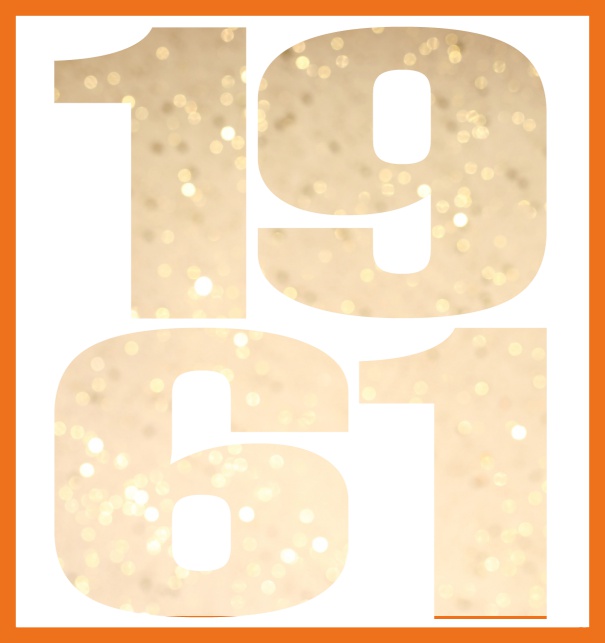 Online Invitation card in large format with cut out 1961 for an own photo or image. Orange.