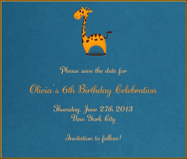Blue Kids' Birthday Party Save the Date card with Giraffe.