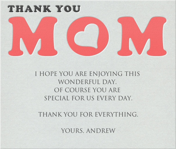 Online Grey Mother's Day Card with Thank You Header.