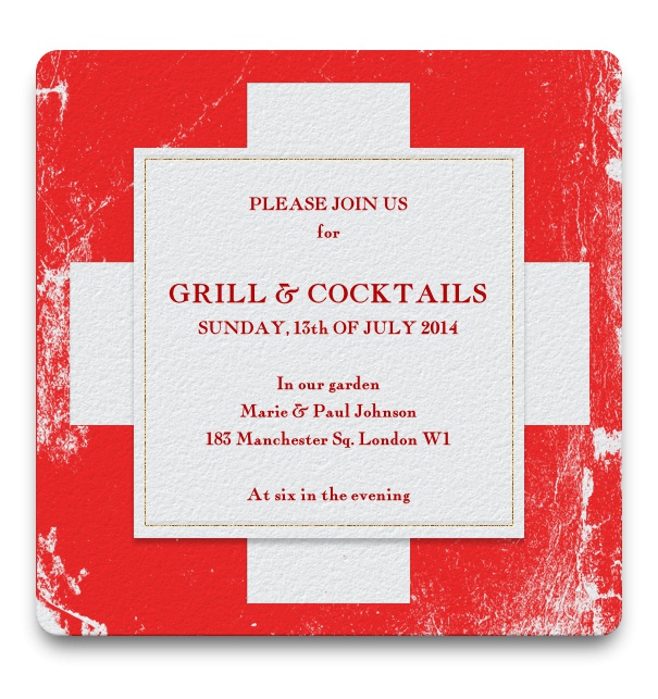 Einladungskarte zum Grillen und Cocktails mit schweizer Flagge als Hintergrund und weißem Textfeld.