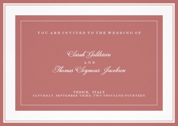 Classic wedding invitation template with frame and colorful text field. Pink.