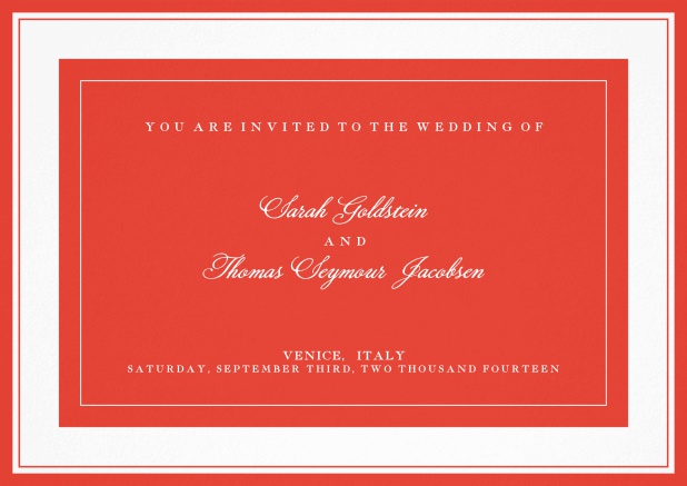 Classic wedding invitation template with frame and colorful text field. Red.