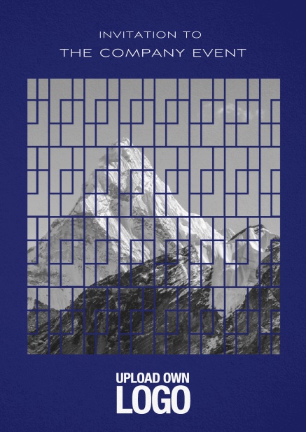 Einladungskarte für Firmenevents mit Fotofeld hinter einem Rechteckdesign, Logo-Option und Textfeld.