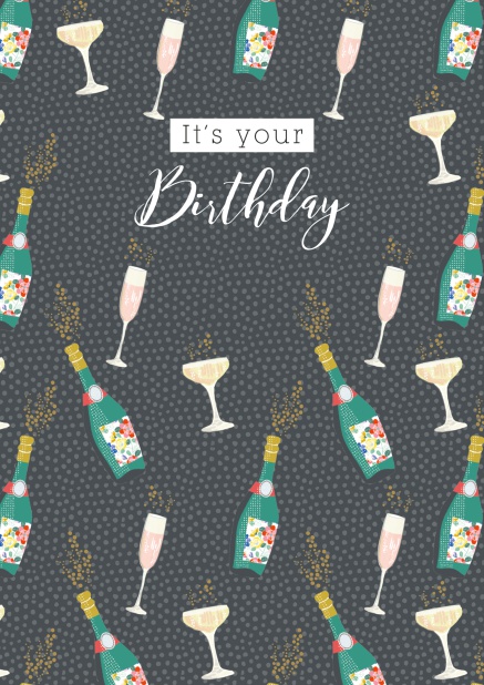 Online Graue Geburtstagskarte mit farbigen Champagne Flaschen und Glässern