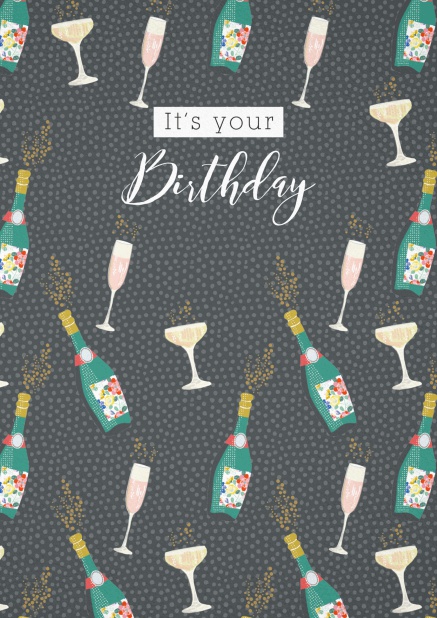 Graue Geburtstagskarte mit farbigen Champagne Flaschen und Glässern