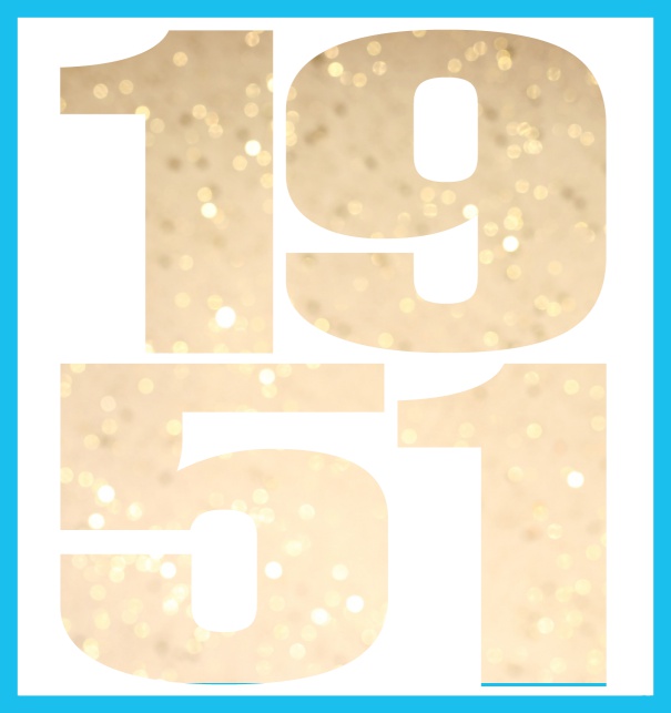 Online Invitation card in large format with cut out 1951 for an own photo or image. Blue.