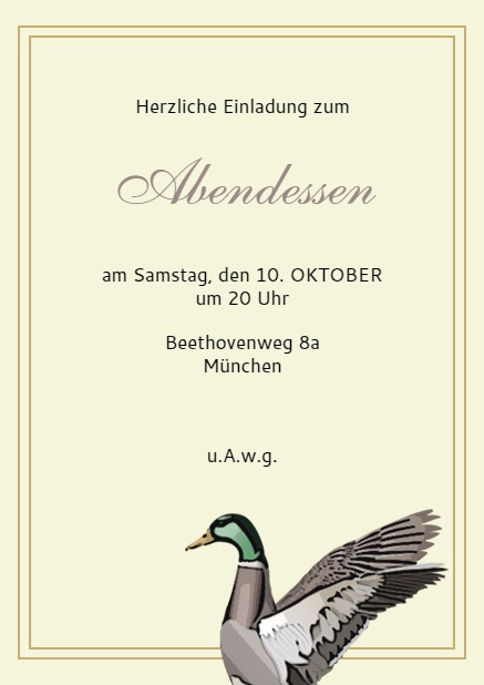 Online Einladungskarte mit fliegender Stockente Erpel Beige.