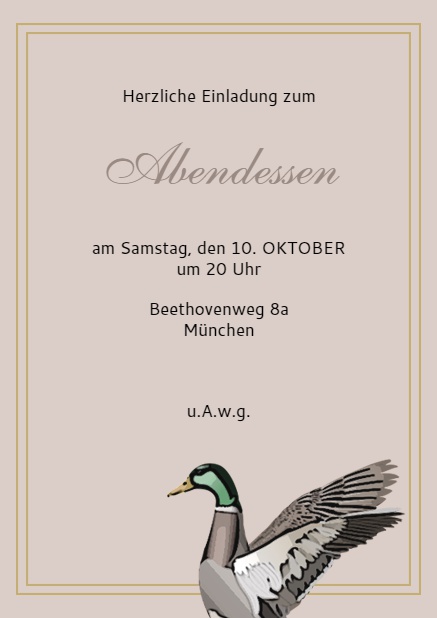 Online Einladungskarte mit fliegender Stockente Erpel Braun.