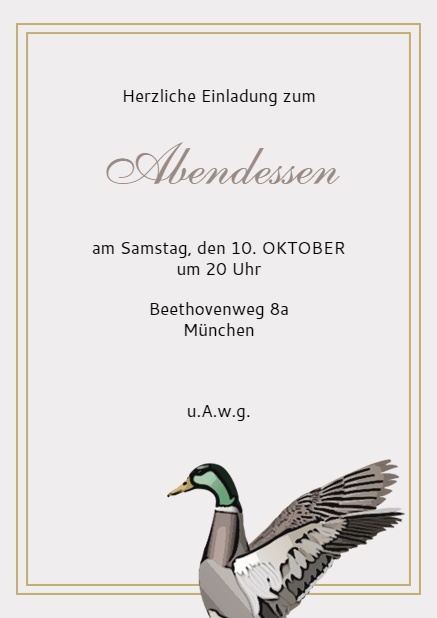 Online Einladungskarte mit fliegender Stockente Erpel Grau.