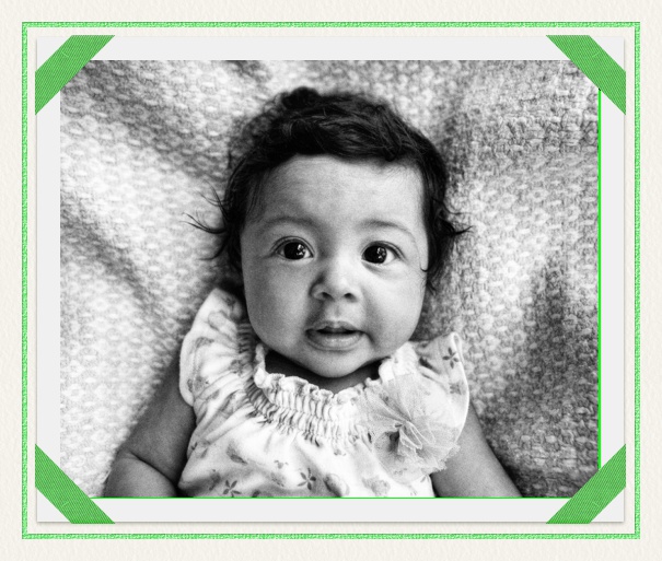 Square format Customizable Photo Invitation card for baby photos with Green and white photo album motif.