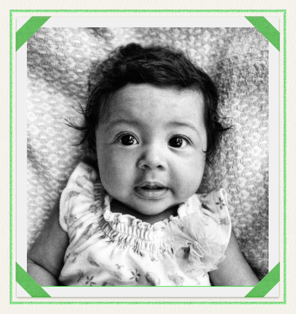 High format Customizable Photo Invitation card for baby photos with Green and white photo album motif.