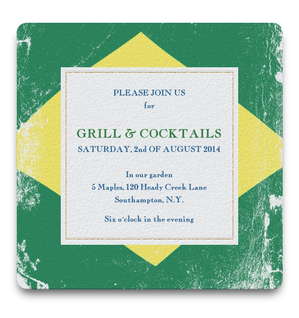 Square Brazilian flag invitation to with a golden frame around text.