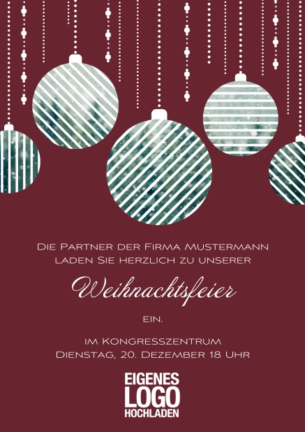 Online Einladungskarte zur Weihnachtsfeier mit Weihnachtskugeln.