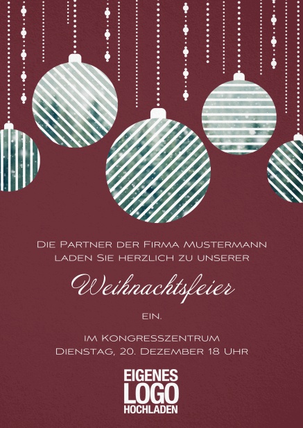 Einladungskarte zur Weihnachtsfeier mit Weihnachtskugeln.