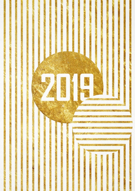 Einladungskarte mit goildenen Streifen und Gold umrandeter 2019.