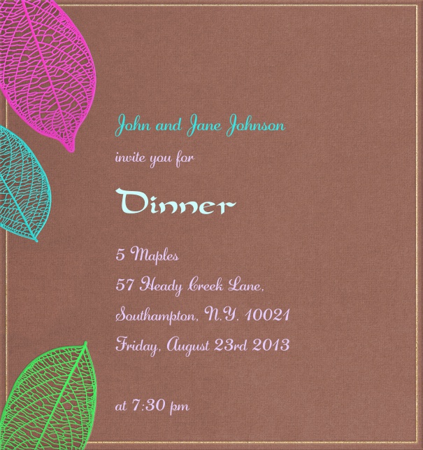 High Format Brown Invitation Party Card with Neon Leaves and white border.