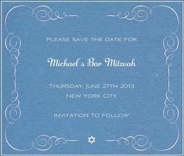 Blaue Bar Mitzvah oder Bat Mitzvah Save the Date Karte mit speziell gestaltetem Muster als Hintergrund mit Davidstern.