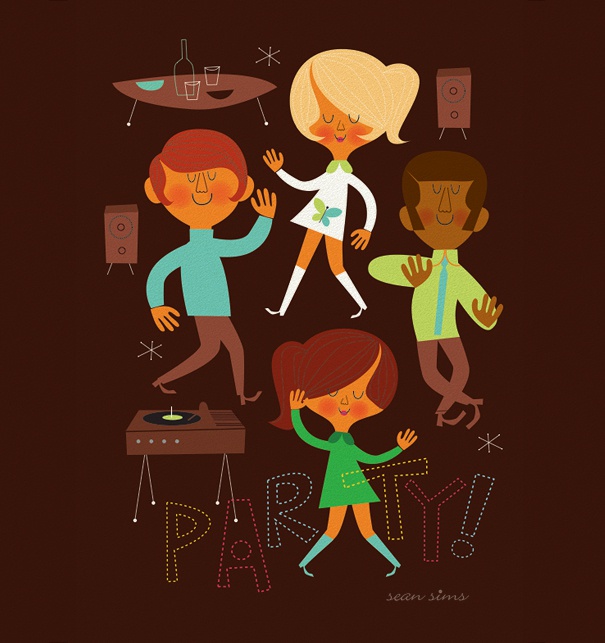 Online Partykarte mit vier Tänzern gestaltet von Sean Sims.