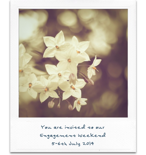 White Invitation Card design with picture of flowers.