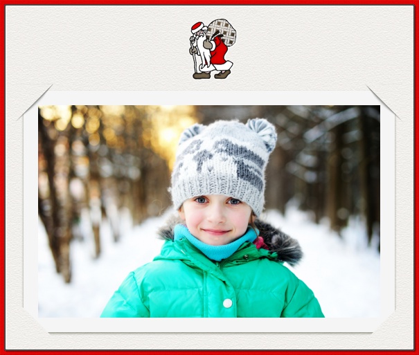 Zweiseitige Querformat Online Weihnachtsfotokarte in weiß mit rotem Rand mit Fotobox gehalten von Ritzen zum selber Fotohochladen und einem Weihnachtsmann oben mittig.