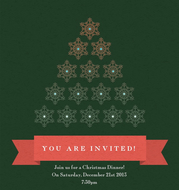 Green Christmas Party Invitation with Christmas Tree made from Snowflakes customizable online.
