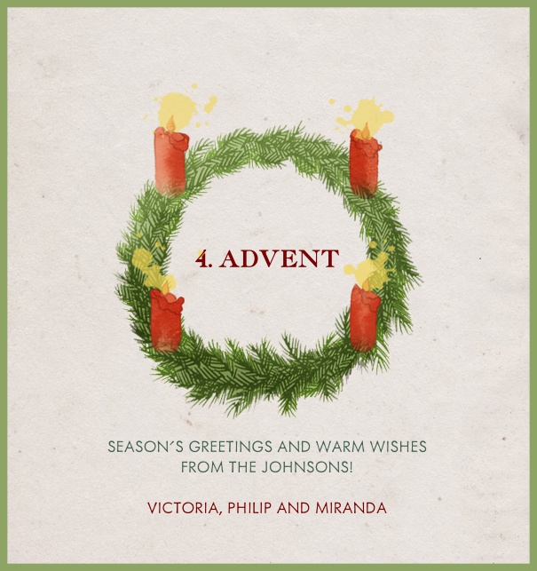 Online beige Adventszeit Card with green border and Christmas Wreath on it with 4 burning candle for the Fourth Advent..