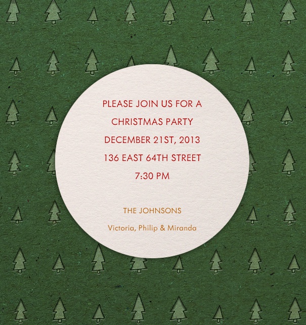 Christmas Themed Card in green with green Christmas trees and a white circle for the designed and customizable text.