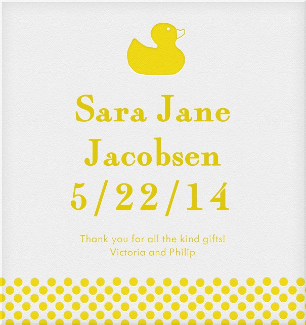 White Baby Shower Card Online with Yellow Ducky and Yellow Border.