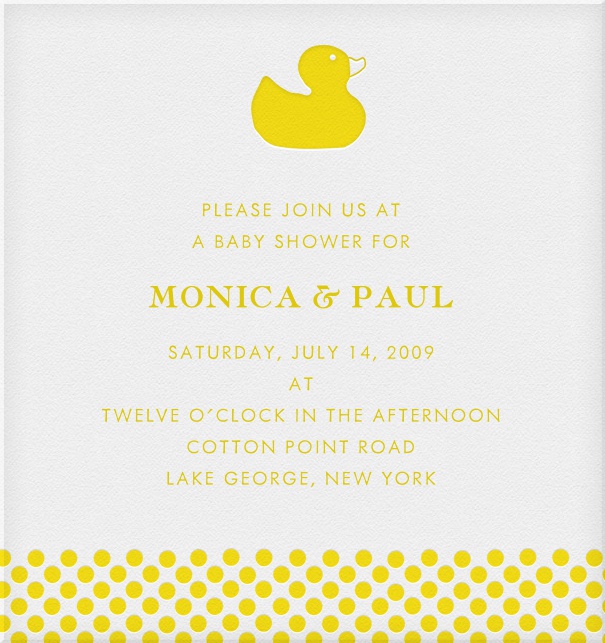 White Baby Shower Invitation Online designed by Pink Orange with Yellow Ducky and Yellow Border.