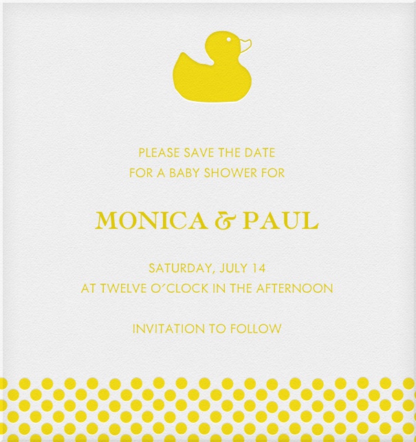 White Baby Shower Save the Date Online designed by Pink Orange with Yellow Ducky and Yellow Border.