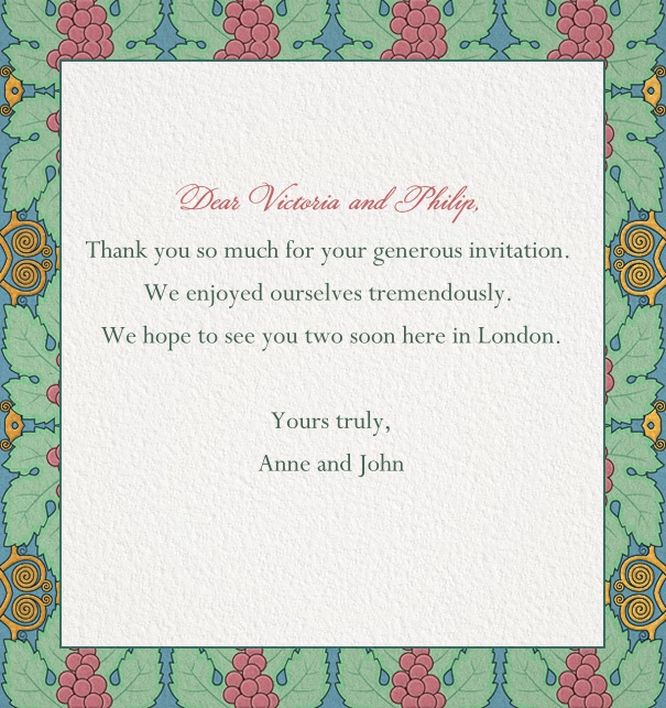 Green, red and gold online card with an Art Nouveau grapevine leaf and fruit border.