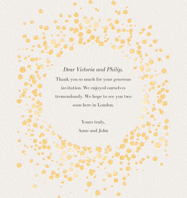 Online correspondence card with gold flakes.