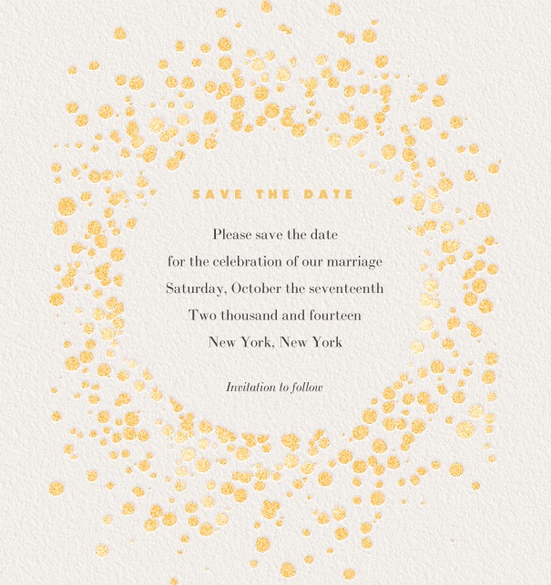 Online Hochzeits Save the Date Karte mit goldenen Punkten.