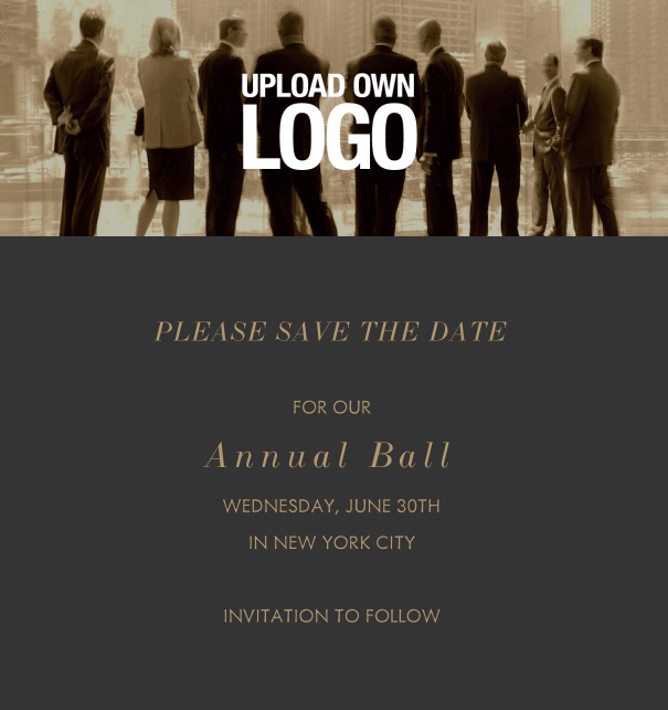 Online Save the Date template for corporate events and annual ball with dark background and text box with space on the top to upload own logo.