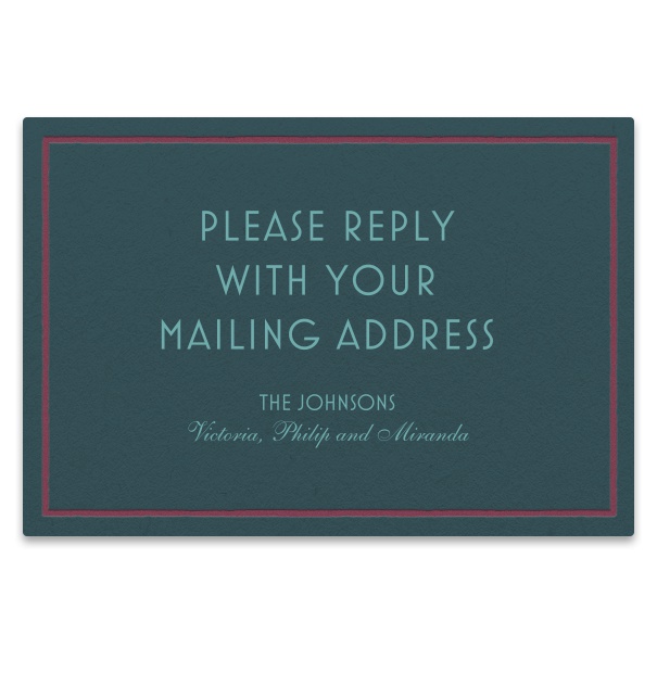 Blue collect postal address card with red frame.