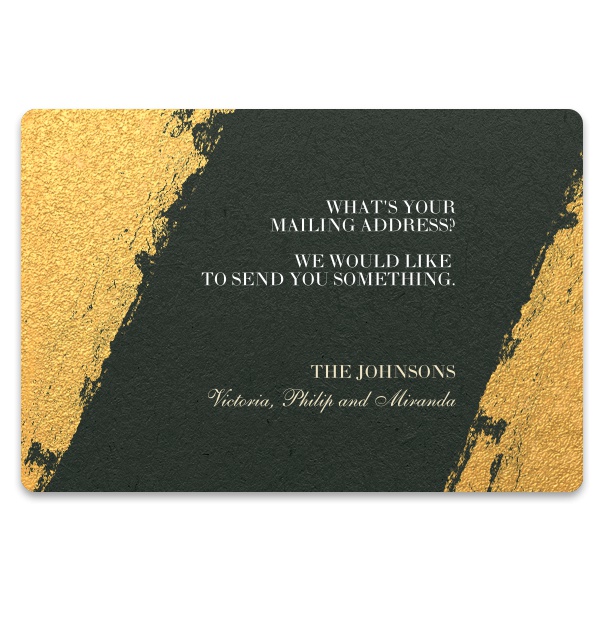 Green and gold leaf collect postal address card in modern minimalist design.