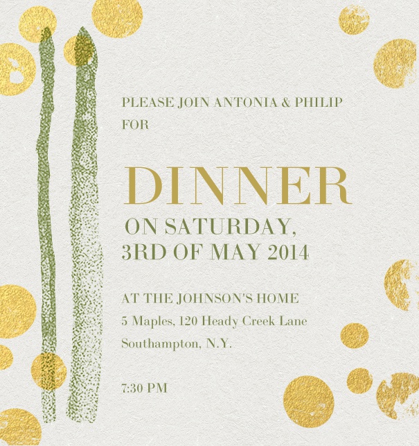 Green online invitation template to asparagus dinner or picknic with yellow dots and asparagus on the side.