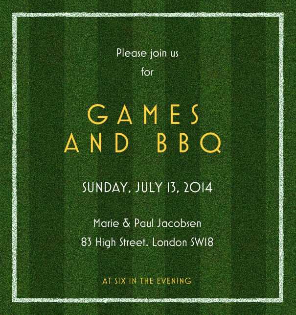 Football field themed invitation template for bbq and sport event.