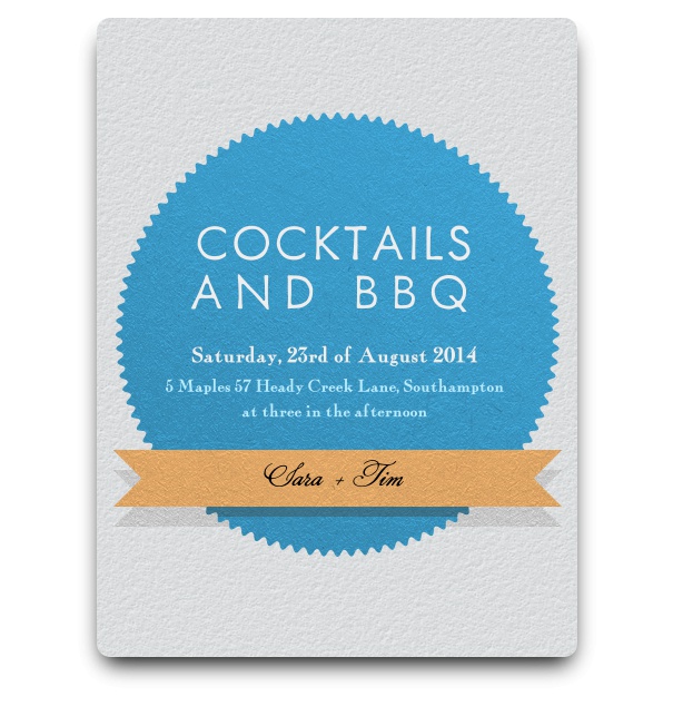 Simple blue seal and orange banner invitation card design in minimalist style.