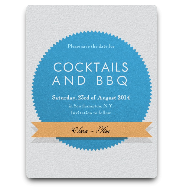 White background online Save the Date card for BBQ event with light blue round shaped text box.