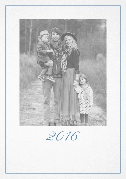 Photo card with red border, photo field and editable 2015 text. Blue.