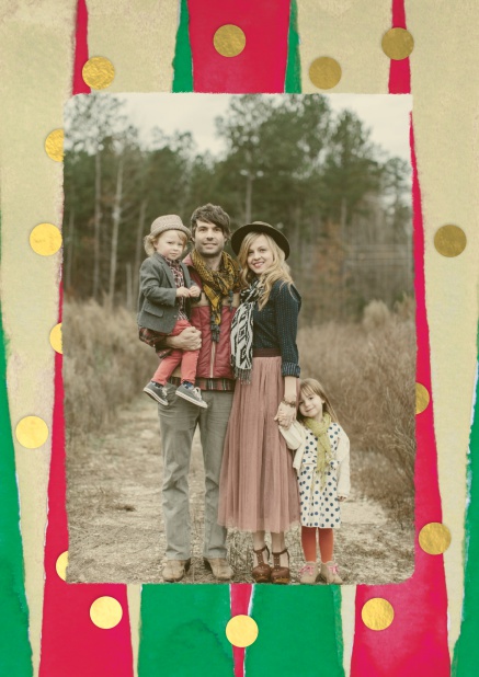 Christmas photo card with beige, red, green and golden frame.