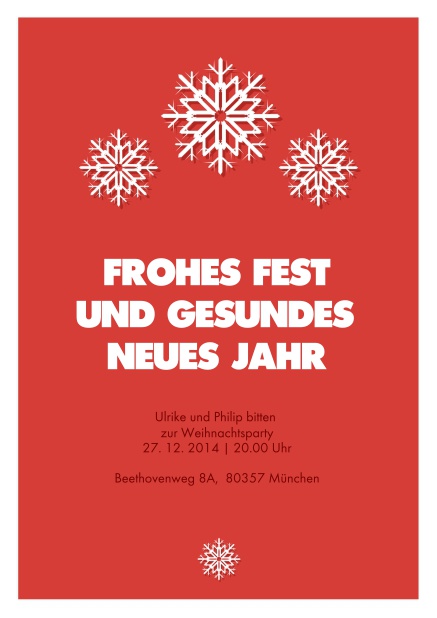 Weihnachtskarte mit Schneeflocken auf rotem Hintergrund mit editierbarem Text.