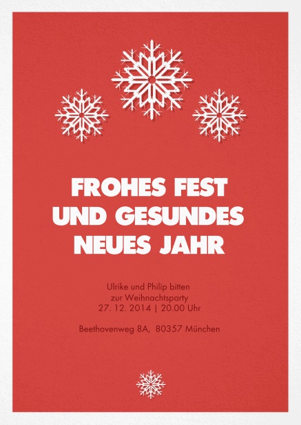Weihnachtskarte mit Schneeflocken auf rotem Hintergrund mit editierbarem Text.