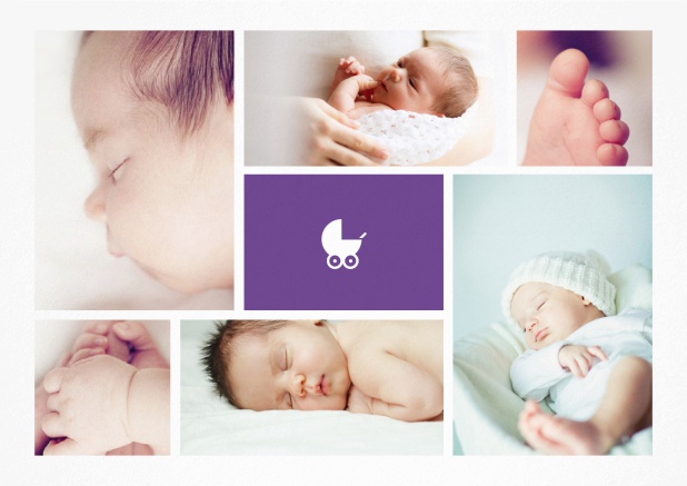 Birth announcement with photo boxes, baby carriage and 2nd page for customizable text. Purple.
