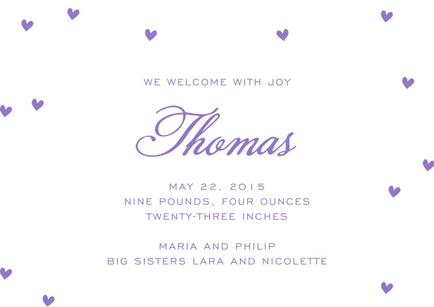 Birth announcement with purple hearts.