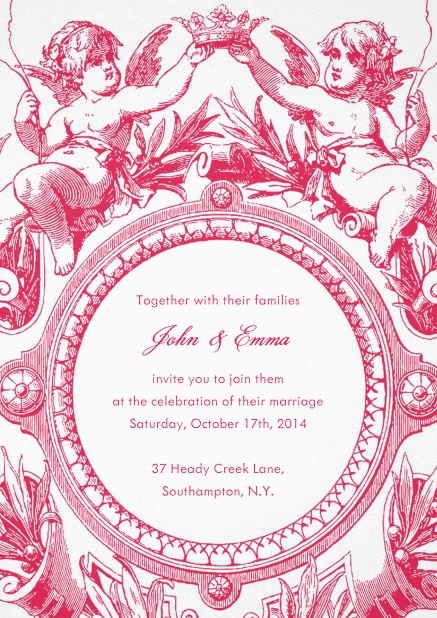 White Wedding invitation card with red angel decoration